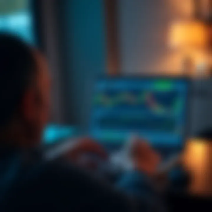 A person looks at their 401k statement with Bitcoin charts on the laptop screen, contemplating their investment decision.