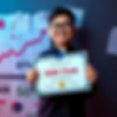 A person smiling while holding a certificate for joining the 50K Club, surrounded by financial growth charts and motivational notes.