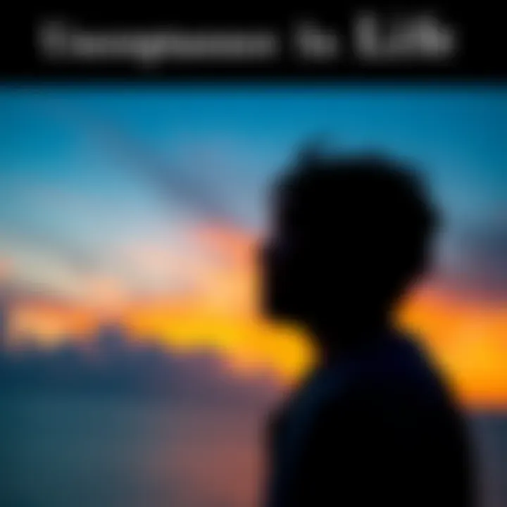 A calm person looking out at a sunset, reflecting on life's challenges with a sense of acceptance.