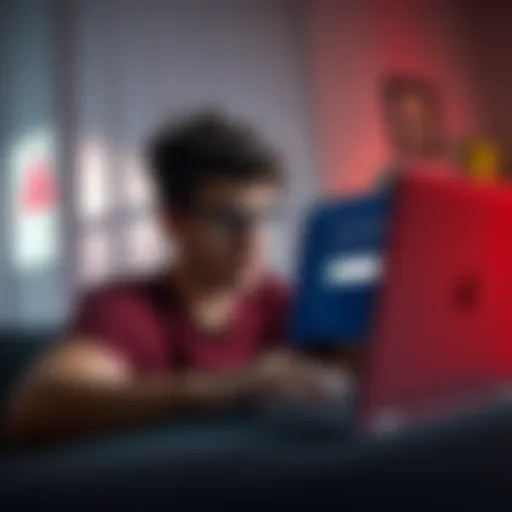 A person looking frustrated while trying to access a website on a laptop, showing a loading screen and error messages