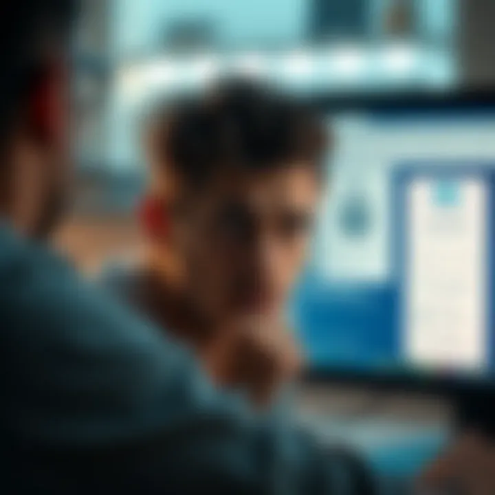 A user looks frustrated while trying to reset a password for a fake account, showing a locked computer screen and a help page