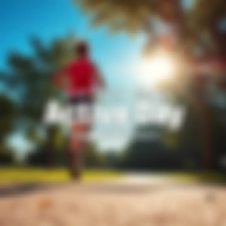 A person jogging in a park with a bright blue sky and trees in the background.