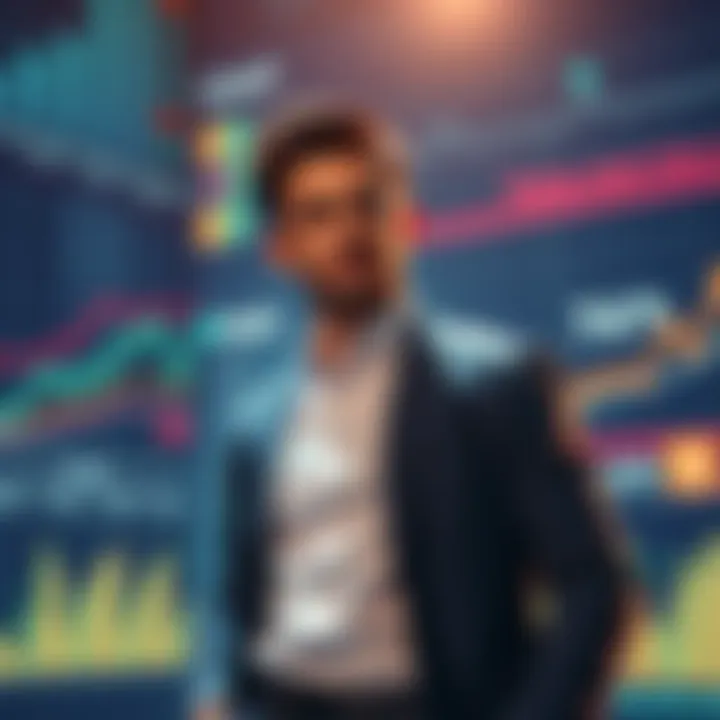 An actor standing confidently in a digital environment representing the Coretime market on Polkadot, with graphs and charts in the background showing growth and strategy.