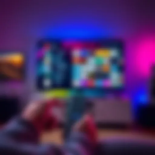 A person watching TV with a remote, showcasing a vibrant screen filled with channel options from AgoraStream.