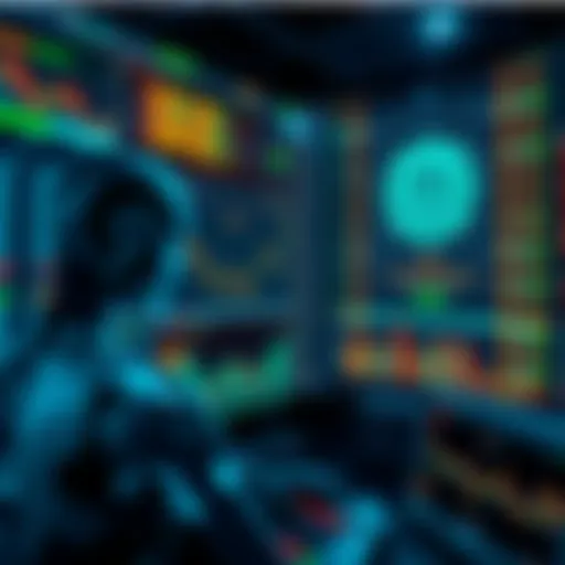 A visual of an artificial intelligence system overseeing financial graphs and data related to hedge funds and decentralized finance, symbolizing the future of finance without human control.