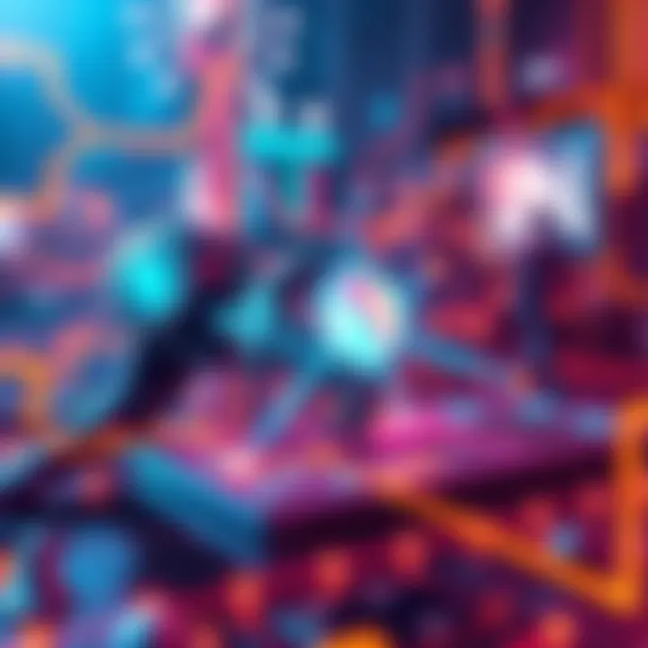 Illustration of artificial intelligence interacting with decentralized finance platforms, showcasing smart contracts and user interfaces.