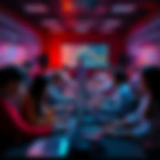 A diverse group of people collaborating on laptops during the AlgoTrade Hackathon 2025, surrounded by screens displaying trading algorithms.