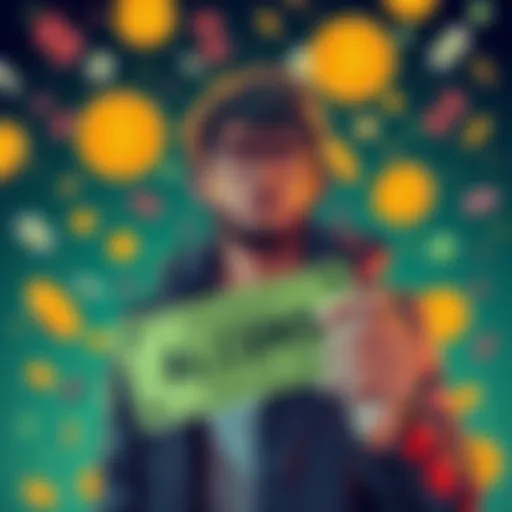 Illustration of a person holding a lottery ticket surrounded by altcoin symbols, looking uncertain