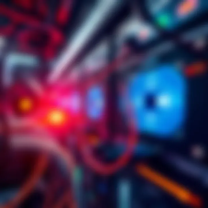 A close-up view of an AMD EPYC 9654 server with flashing lights and cables connected, showing signs of performance issues