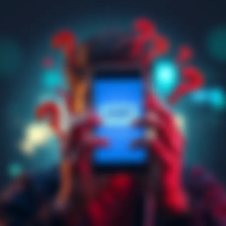 A person looking frustrated at a mobile screen showing a missing AMP token, with question marks around them.