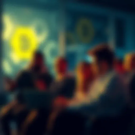 A group of people engaged in conversation about Amp Token with laptops and smartphones