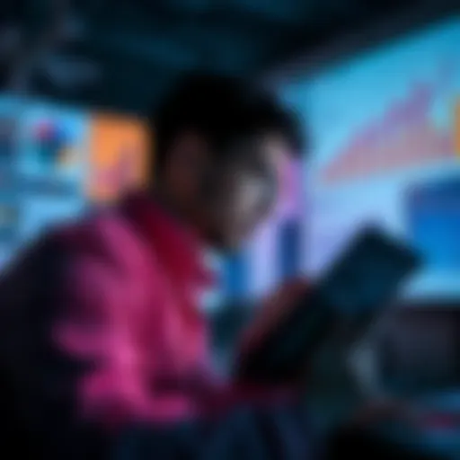 A person reviewing social media posts and articles, surrounded by charts and graphs highlighting fact-checking results.