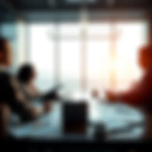 Business professionals discussing the significance of $100 billion in a meeting room with charts and graphs on the table.