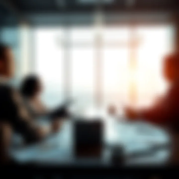 Business professionals discussing the significance of $100 billion in a meeting room with charts and graphs on the table.
