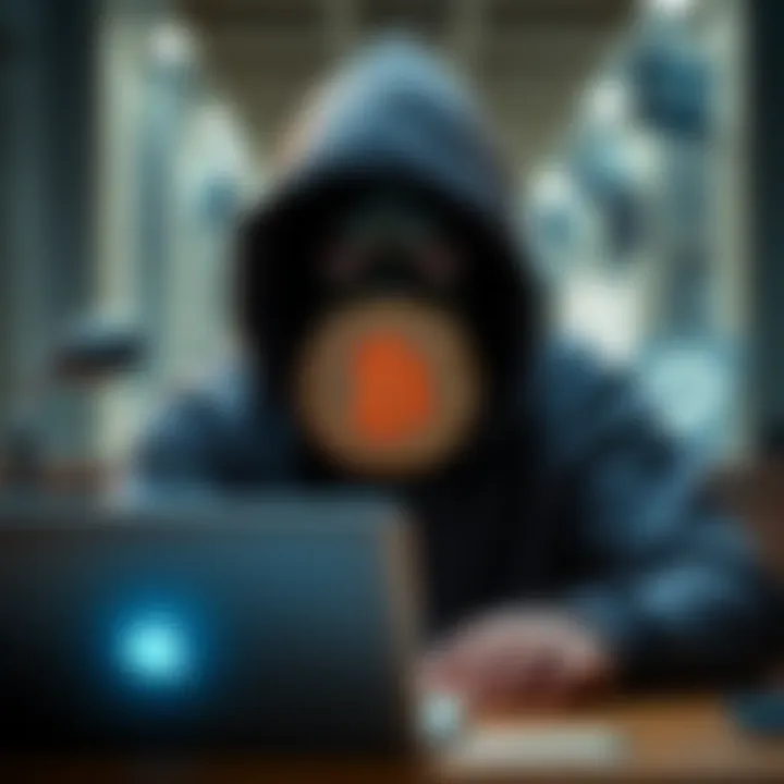 A person in a hoodie using a laptop to buy Bitcoin, emphasizing anonymity in cryptocurrency transactions.