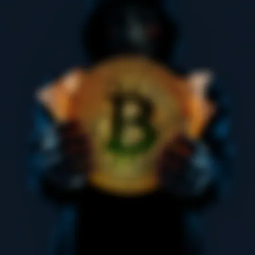 An outline of a person holding a large Bitcoin symbol with dollar bills around, representing a significant financial gain.