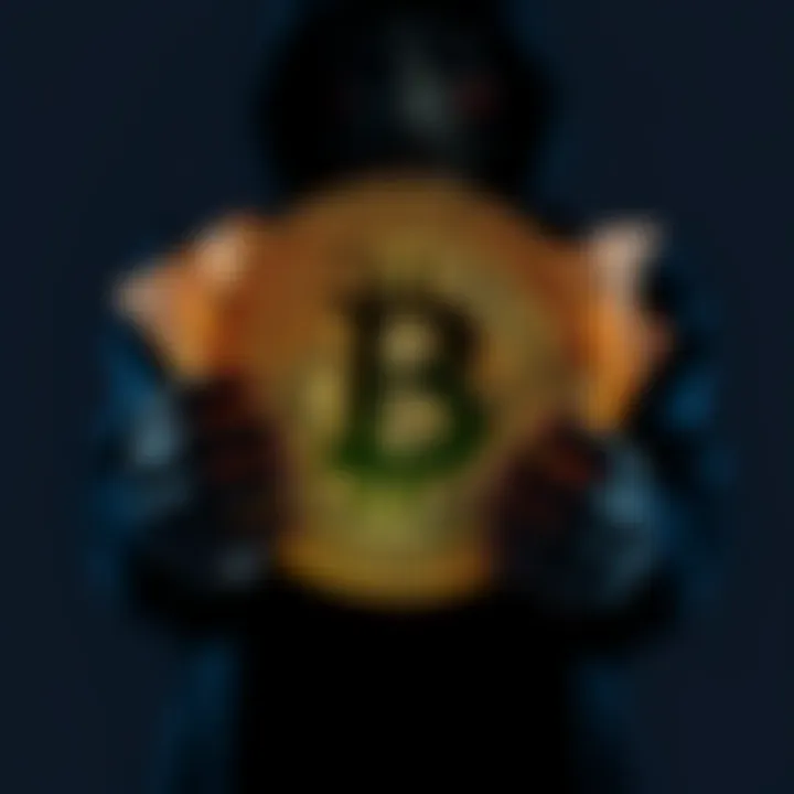 An outline of a person holding a large Bitcoin symbol with dollar bills around, representing a significant financial gain.