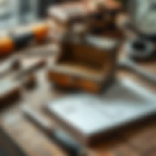 An old antique item with visible wear, placed on a wooden table beside tools for repair and a notepad with notes on its condition and value.