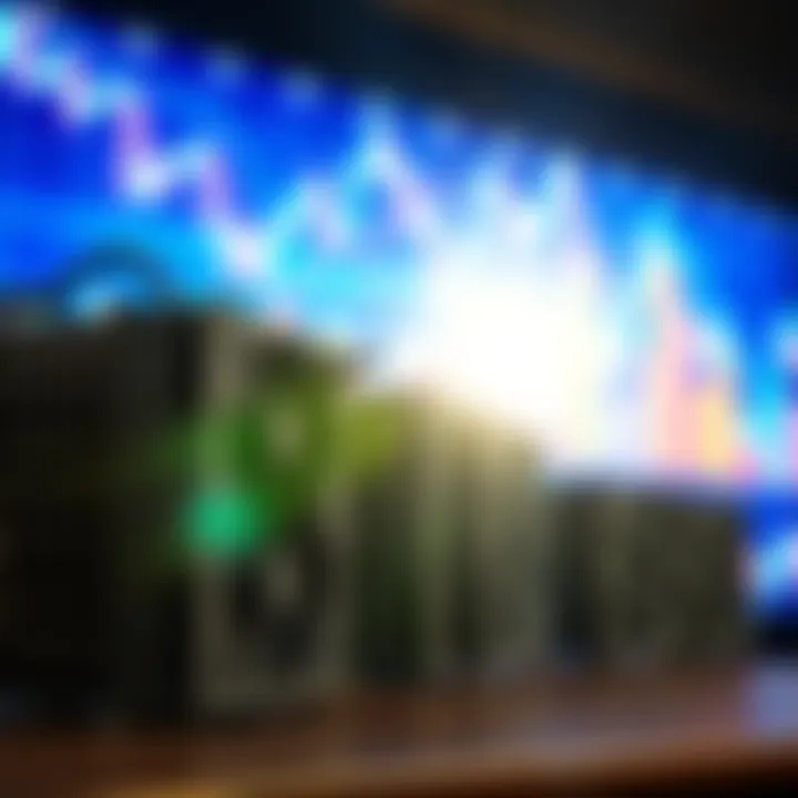 A close-up of Antminer 21 Pros mining equipment with a backdrop of financial graphs, showing investment potential.