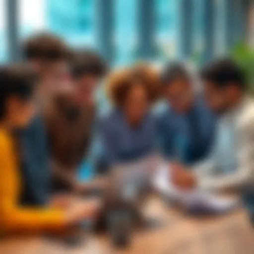 A diverse group of app developers and project managers collaborating over laptops and notes, brainstorming ideas for new projects.