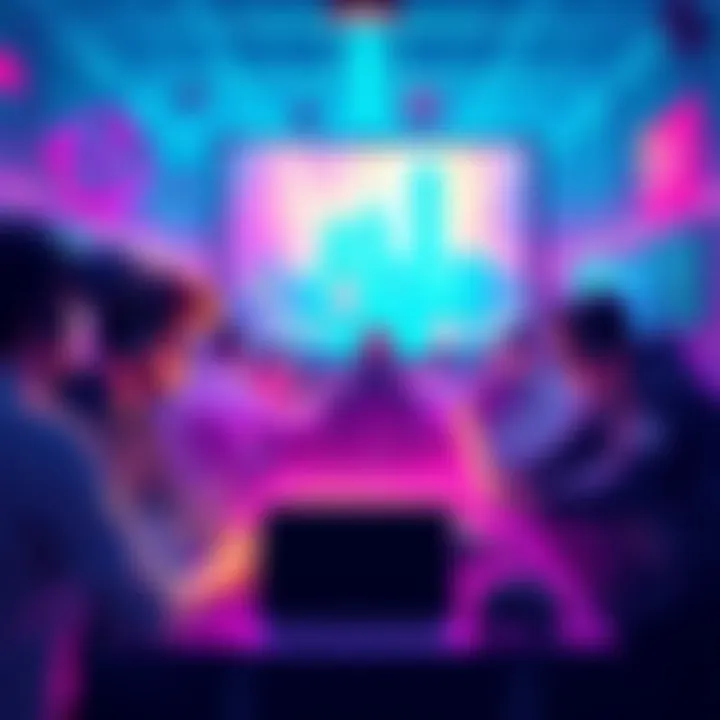 A vibrant poster showcasing an AR/Unity hackathon event in Long Beach, featuring developers collaborating and technology elements like VR headsets and laptops.