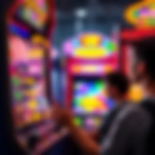 A frustrated gamer looking at a screen with low payouts in an arcade game, surrounded by colorful game graphics.
