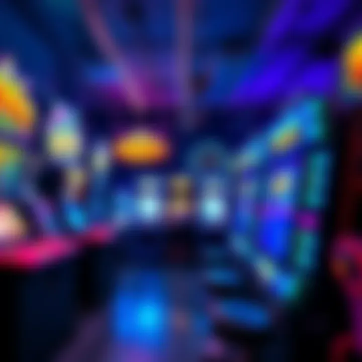 A vibrant arcade scene with various game machines and players engaging with arcade boosts on screen