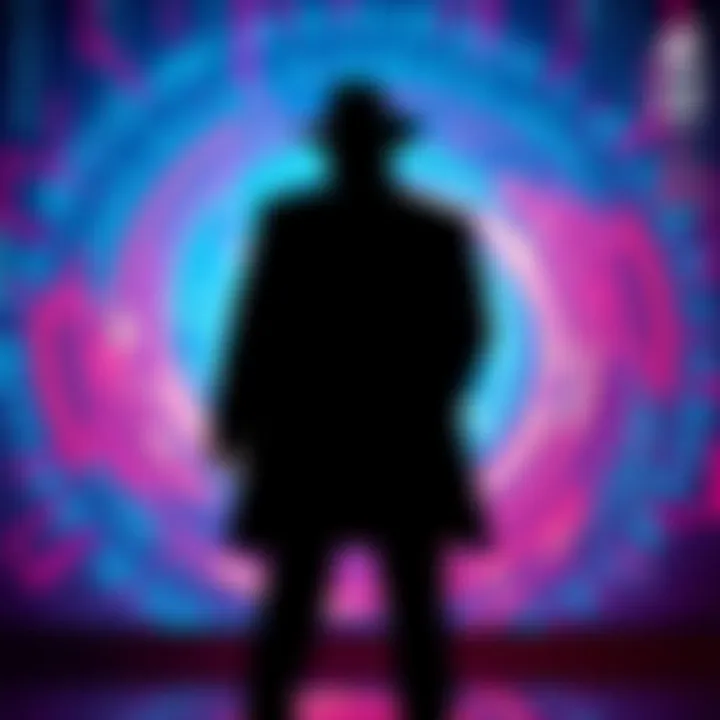 A shadowy figure representing Arthur Britto, standing in front of a digital crypto backdrop