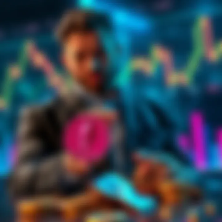 Arthur Hayes holding Ethereum coins, symbolizing his investment commitment, with a backdrop of rising crypto charts