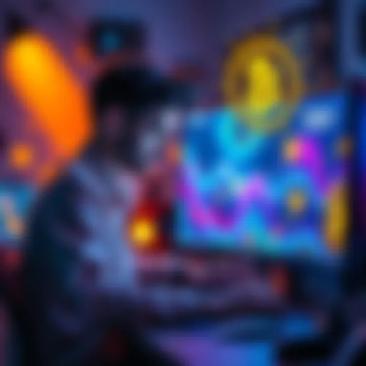 An artist designing vibrant digital art on a computer screen with cryptocurrency symbols surrounding them.