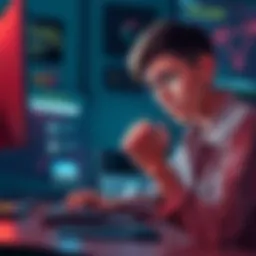 An artist looking worried while checking NFT offers on a laptop, with suspicious websites on the screen