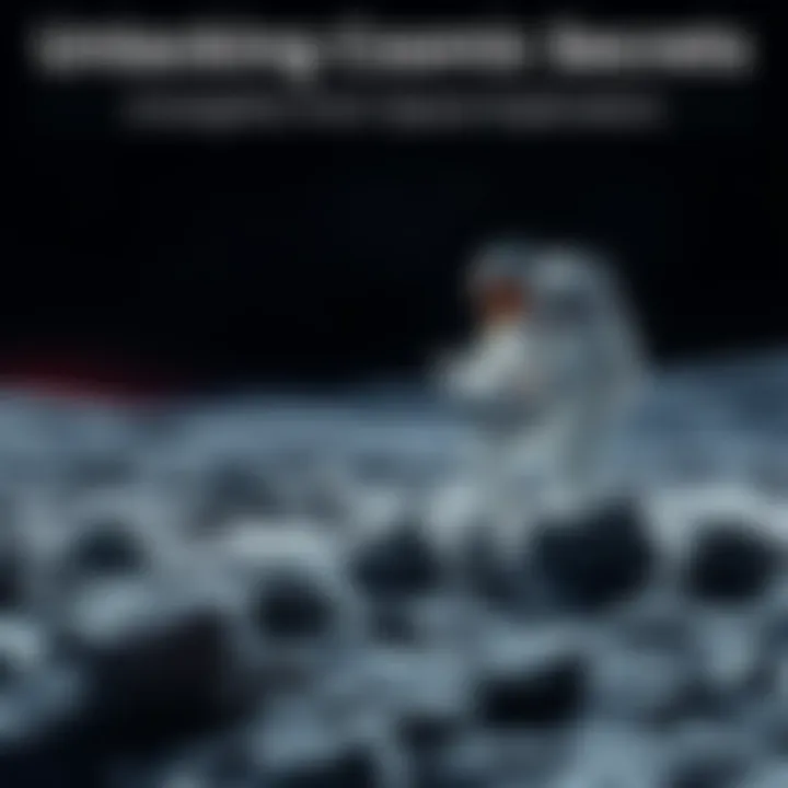 An astronaut examines lunar rocks on the moon's surface under a black sky filled with stars