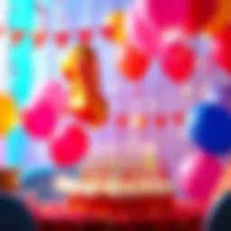 Colorful celebration scene with balloons and party decorations, inviting community participation for birthday ideas.