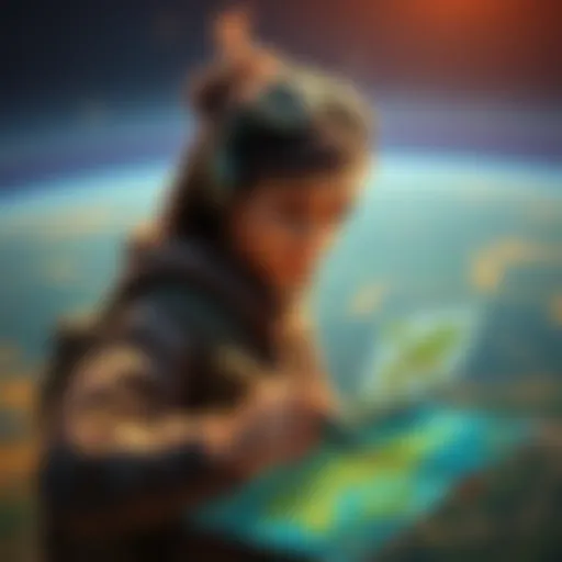 A character planning their journey in a virtual world with a map and compass, ready to explore Atlas Earth