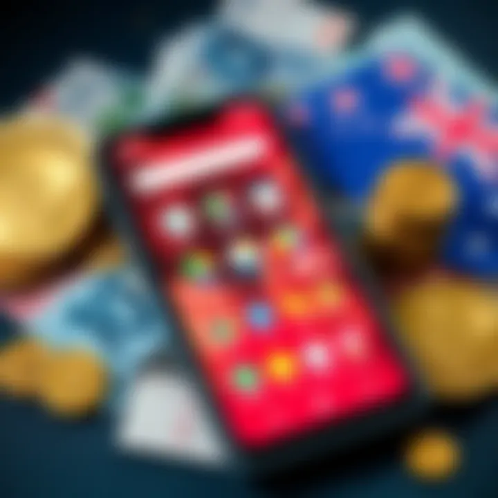 A smartphone displaying various mobile wallet apps used for cryptocurrency in Australia, with Australian banknotes and coins nearby.