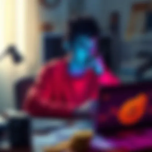 A young adult appears deep in thought, sitting at a desk covered with bills and a laptop showing Bitcoin graphs.