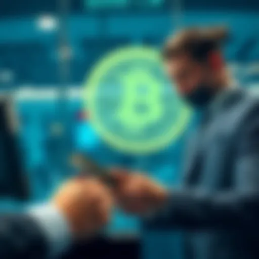 A bank teller counting money with a cryptocurrency symbol in the background, highlighting concerns over deposits and safety.