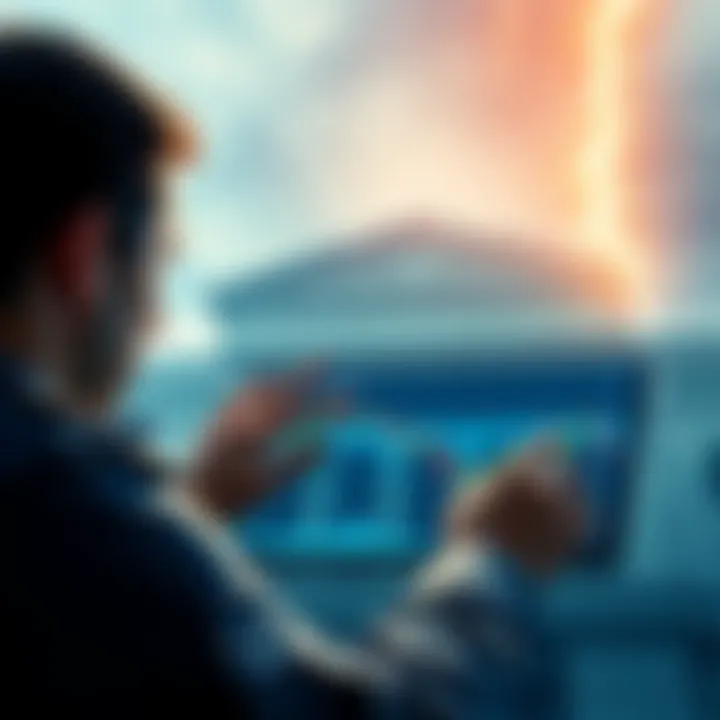 A person analyzing cryptocurrency charts with a bank building in the background, symbolizing the return to custodial banking solutions.