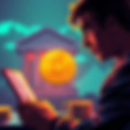 A person contemplating a bank loan application with a Bitcoin symbol in the background
