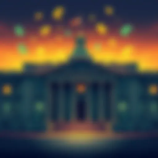 Illustration of the Bank of England building with currency symbols around it, representing the review of digital currency plans.