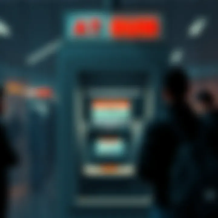 An ATM with a sign indicating service disruption at Bank Sepah, with people looking concerned over their funds.