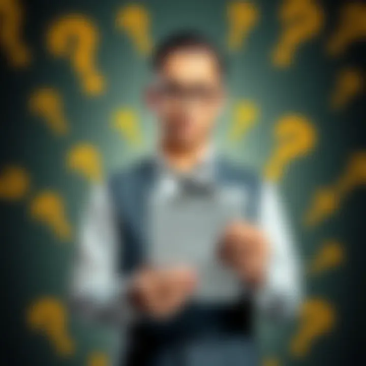 A banker holding a clipboard, looking concerned, with dollar signs and question marks in the background, symbolizing financial struggles for everyday people.