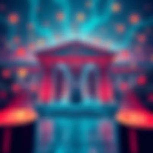 A visual representation of digital currency options like XRP with a bank building in the background and cryptocurrency symbols around it.