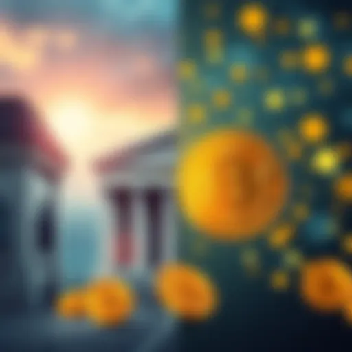 A visual comparison of traditional banking and Bitcoin, featuring a bank building on one side and Bitcoin symbols on the other with contrasting colors and styles.