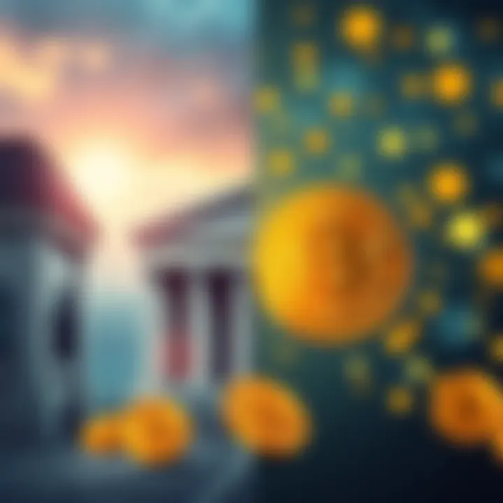 A visual comparison of traditional banking and Bitcoin, featuring a bank building on one side and Bitcoin symbols on the other with contrasting colors and styles.