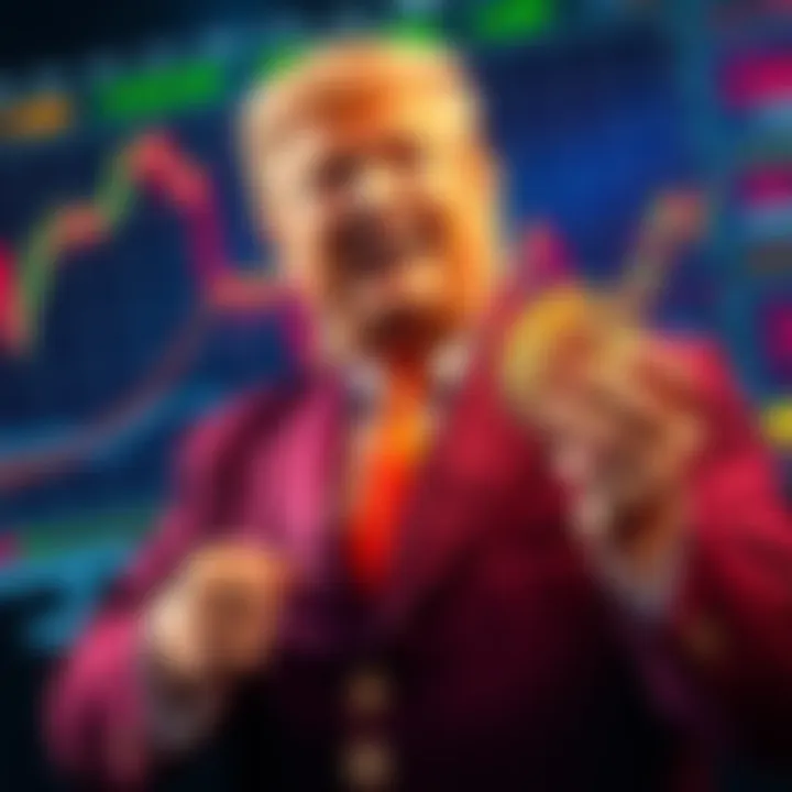 Baron Trump celebrating a big profit in front of a stock market display showing a downward trend in cryptocurrency prices.