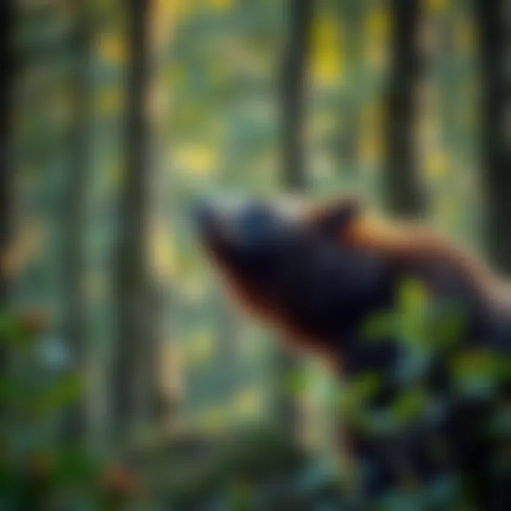 A bear in a forest reacting to a distant awoooo call, showcasing its curiosity and natural instincts.