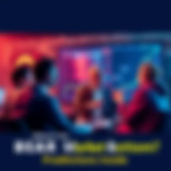 A group of people discussing market predictions with charts and graphs on a screen, expressing anxiousness about prices