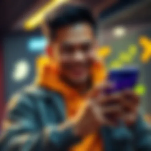 A beginner happily purchasing small amounts of cryptocurrency on a smartphone with a simple app interface.