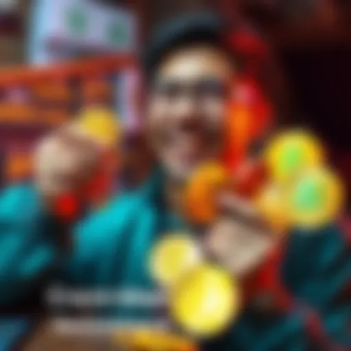A new investor holding various cryptocurrency coins, looking excited about their investment options.